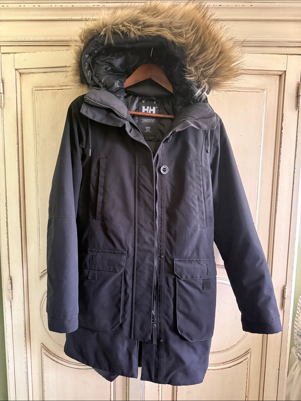 Helly Hansen Women's Black Trench-Style Parka with Faux Fur Hood
